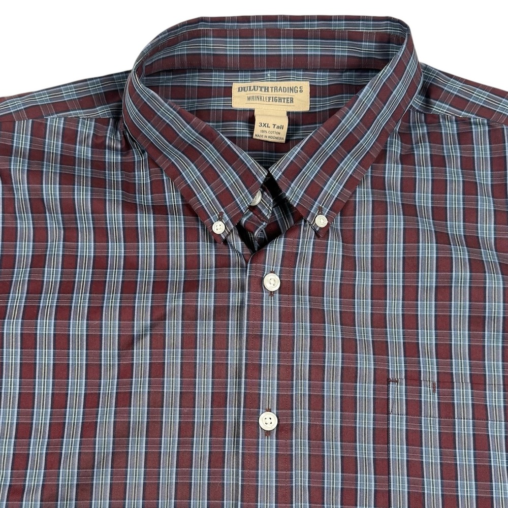 Duluth Trading Co Button Down Shirt Mens 3XL Tall Burgundy Plaid Wrinkle Fighter